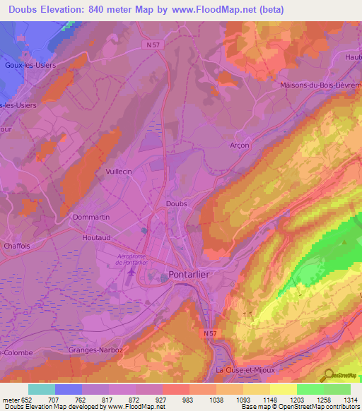 Doubs,France Elevation Map