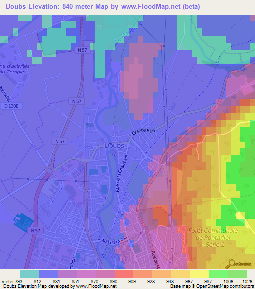 Doubs,France Elevation Map