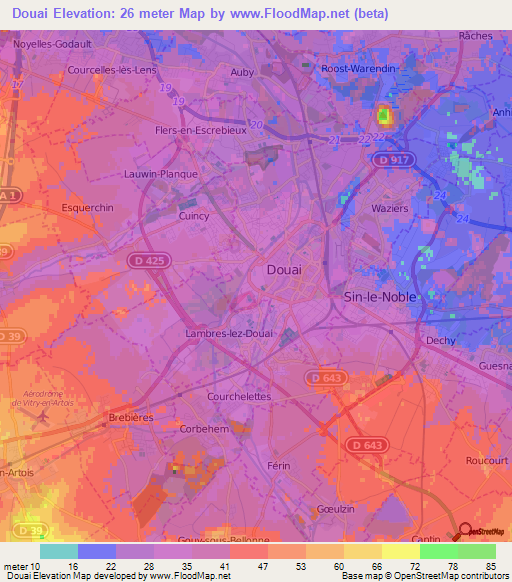 Douai,France Elevation Map