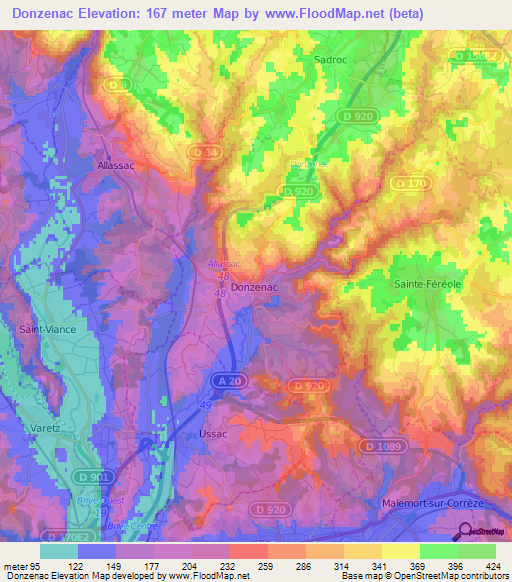 Donzenac,France Elevation Map