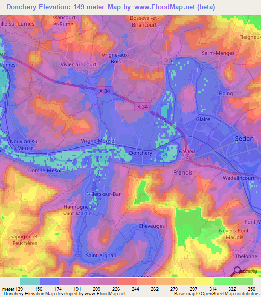 Donchery,France Elevation Map