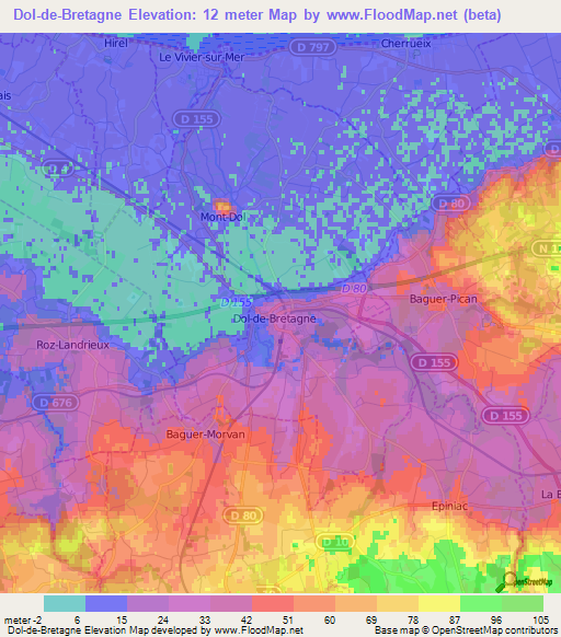 Dol-de-Bretagne,France Elevation Map