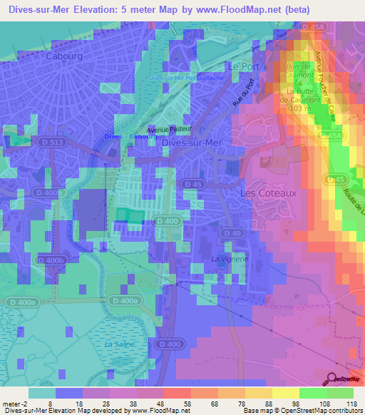 Dives-sur-Mer,France Elevation Map