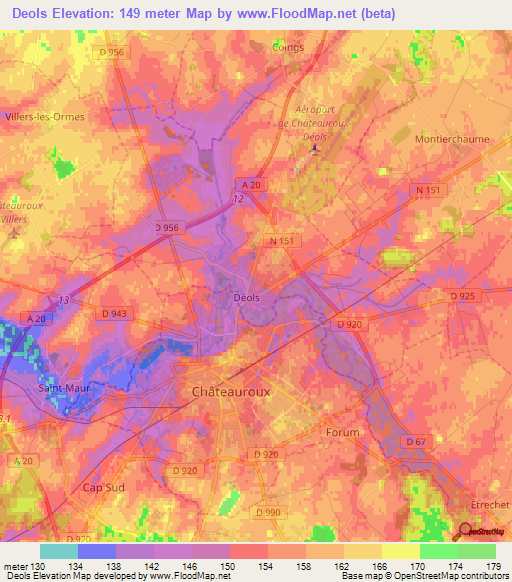 Deols,France Elevation Map