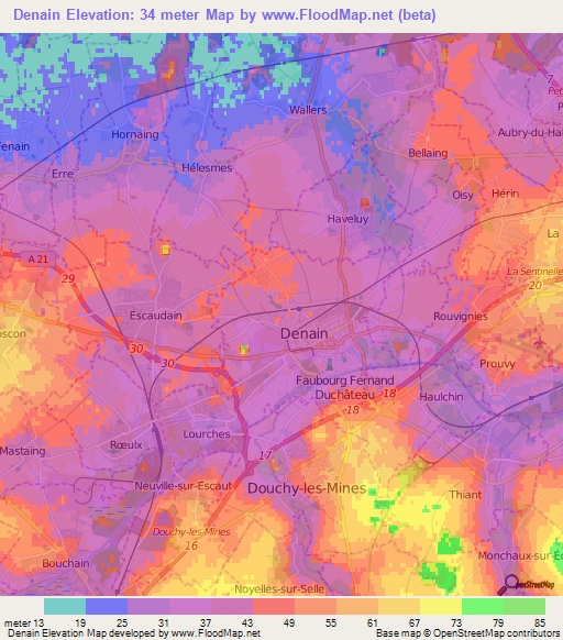 Denain,France Elevation Map