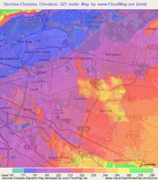 Decines-Charpieu,France Elevation Map