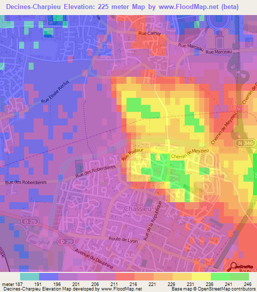 Decines-Charpieu,France Elevation Map