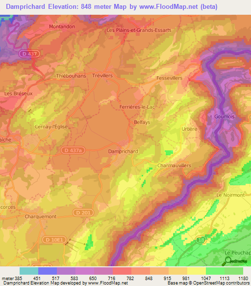 Damprichard,France Elevation Map