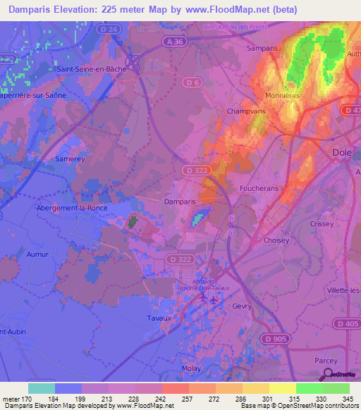Damparis,France Elevation Map