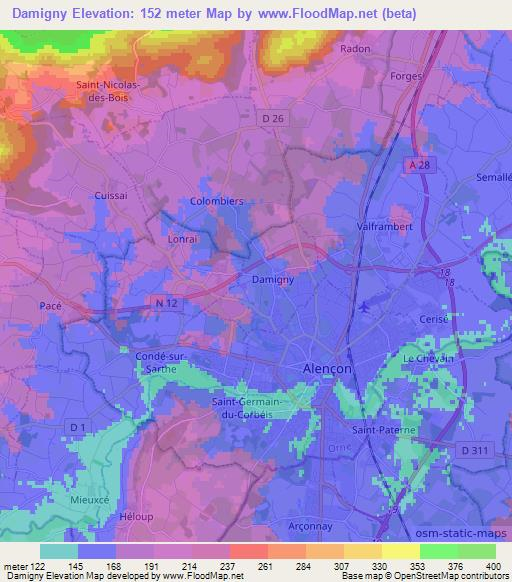 Damigny,France Elevation Map