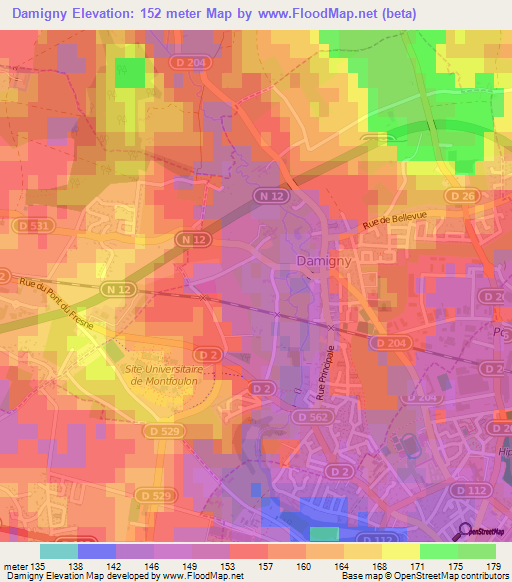 Damigny,France Elevation Map