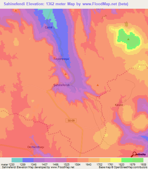 Sahinefendi,Turkey Elevation Map