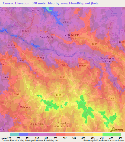 Cussac,France Elevation Map