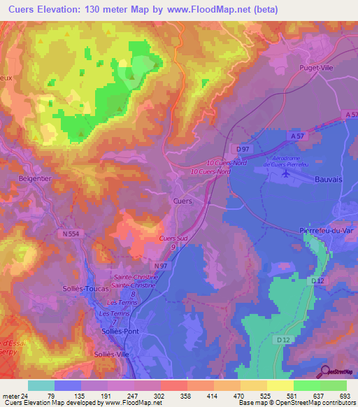 Cuers,France Elevation Map