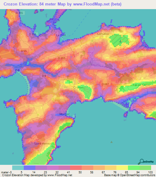 Crozon,France Elevation Map