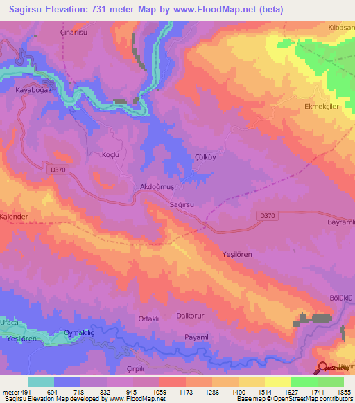 Sagirsu,Turkey Elevation Map