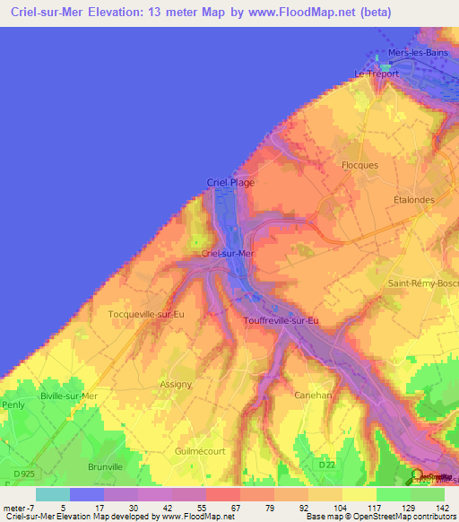 Criel-sur-Mer,France Elevation Map