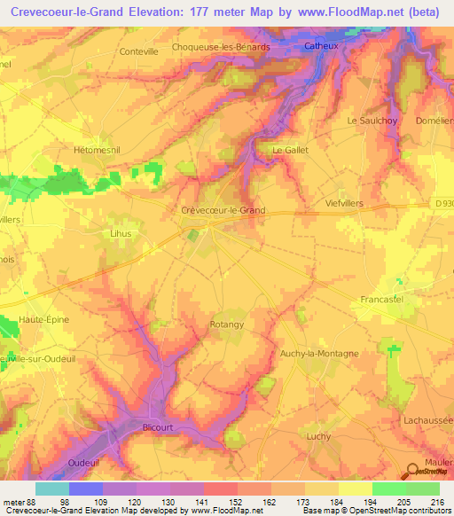 Crevecoeur-le-Grand,France Elevation Map