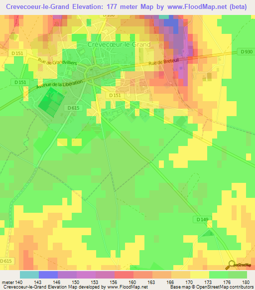 Crevecoeur-le-Grand,France Elevation Map