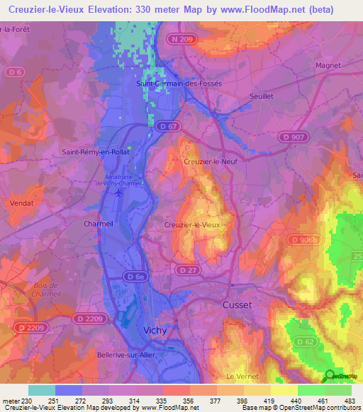 Creuzier-le-Vieux,France Elevation Map