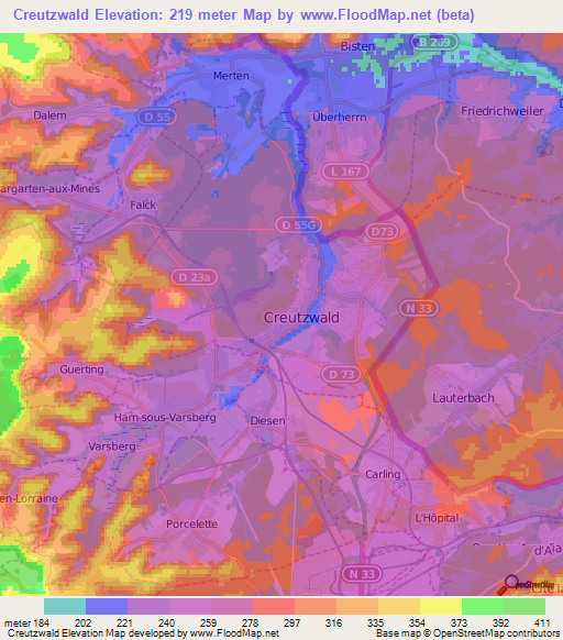 Creutzwald,France Elevation Map