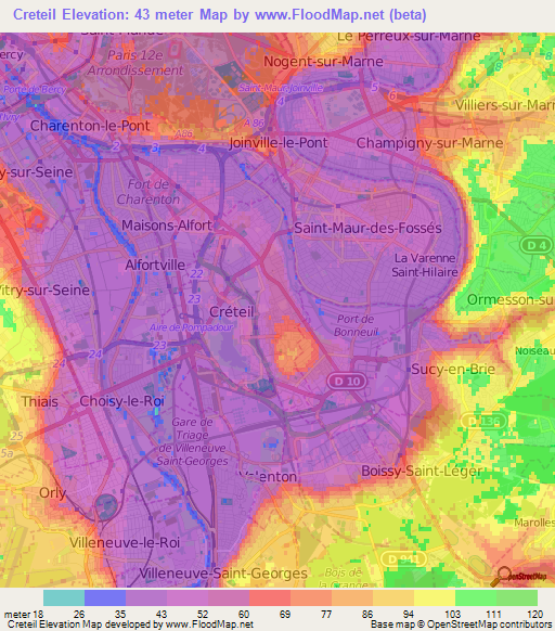 Creteil,France Elevation Map