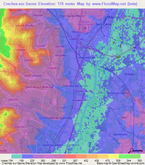 Creches-sur-Saone,France Elevation Map