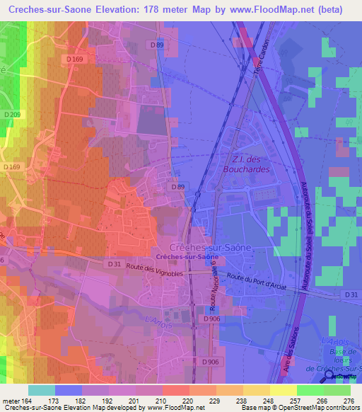 Creches-sur-Saone,France Elevation Map