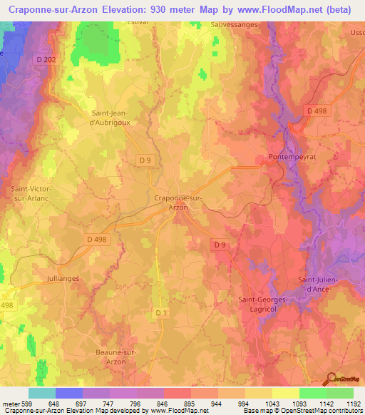 Craponne-sur-Arzon,France Elevation Map