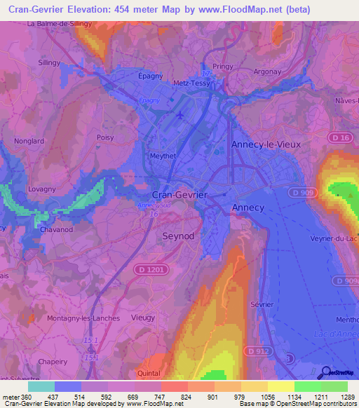 Cran-Gevrier,France Elevation Map