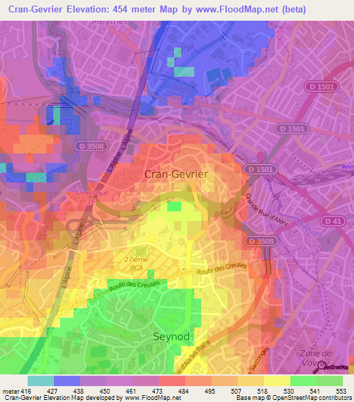 Cran-Gevrier,France Elevation Map