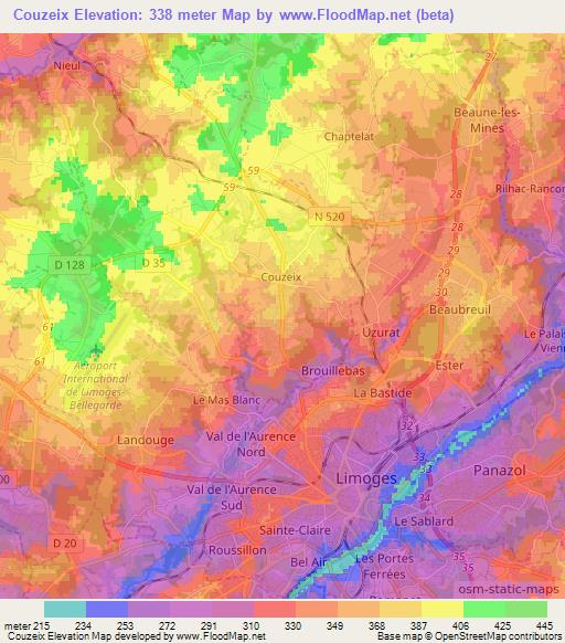 Couzeix,France Elevation Map