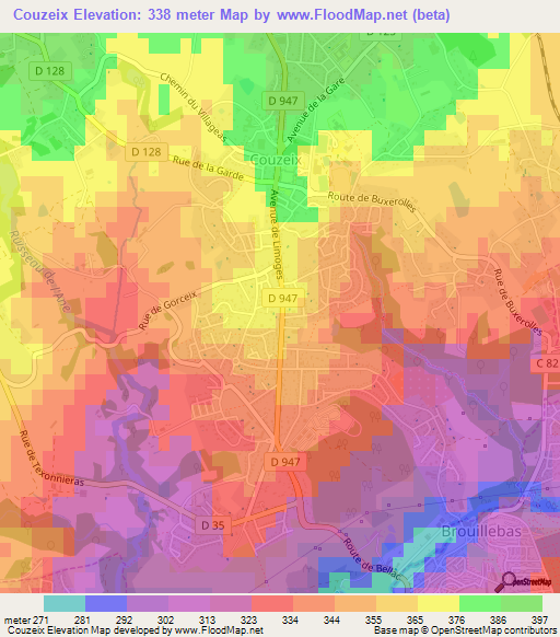 Couzeix,France Elevation Map