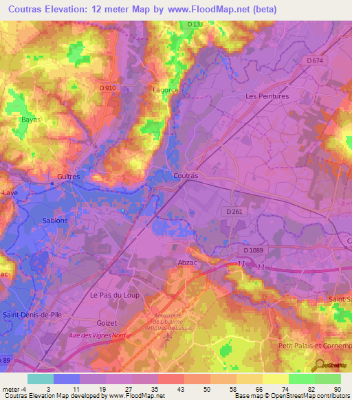 Coutras,France Elevation Map