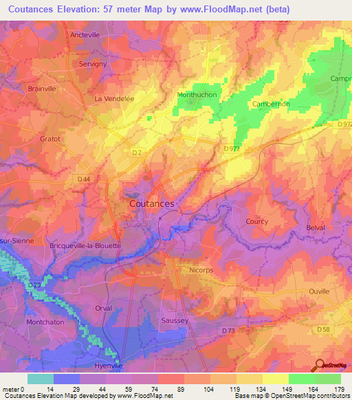 Coutances,France Elevation Map