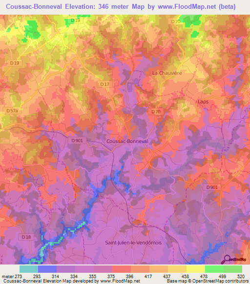 Coussac-Bonneval,France Elevation Map