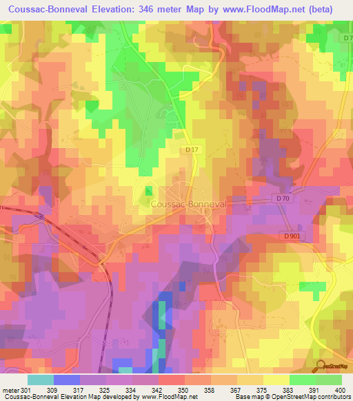 Coussac-Bonneval,France Elevation Map