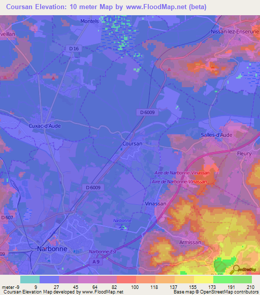 Coursan,France Elevation Map