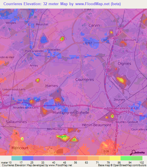 Courrieres,France Elevation Map