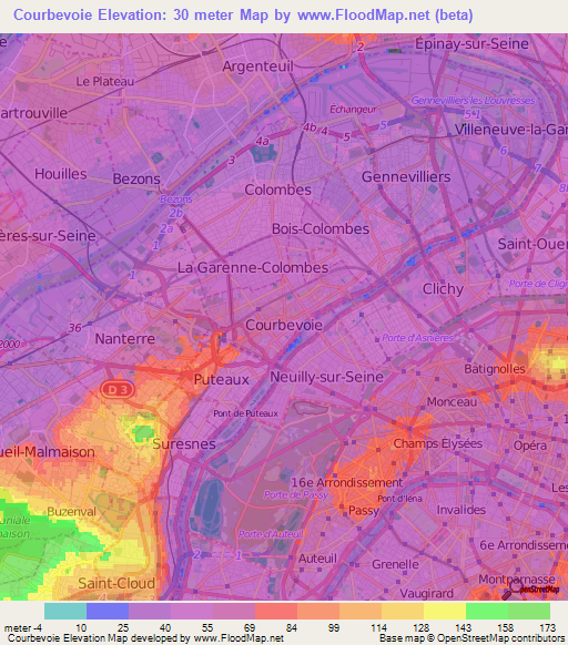 Courbevoie,France Elevation Map