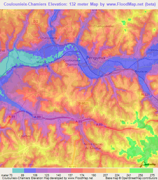 Coulounieix-Chamiers,France Elevation Map