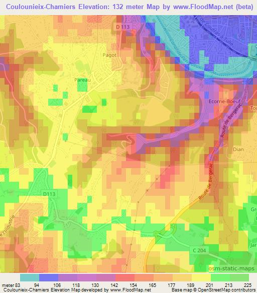 Coulounieix-Chamiers,France Elevation Map