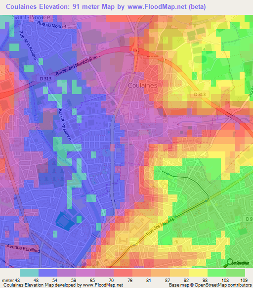 Coulaines,France Elevation Map