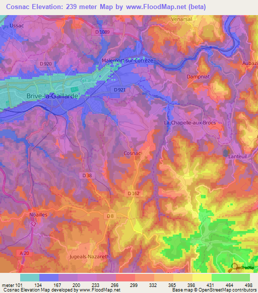 Cosnac,France Elevation Map