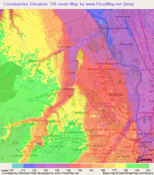 Cornebarrieu,France Elevation Map