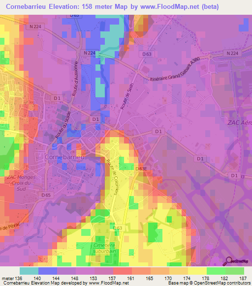 Cornebarrieu,France Elevation Map