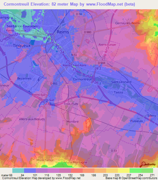 Cormontreuil,France Elevation Map