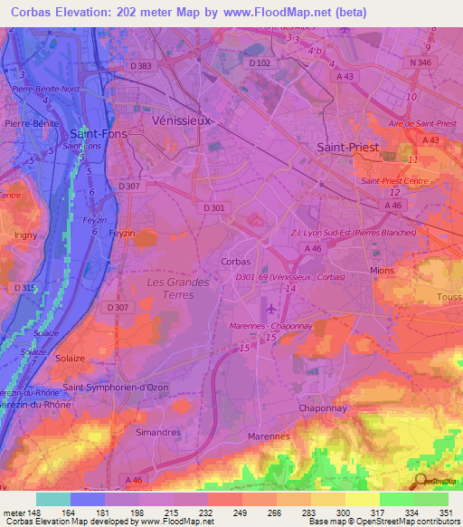 Corbas,France Elevation Map