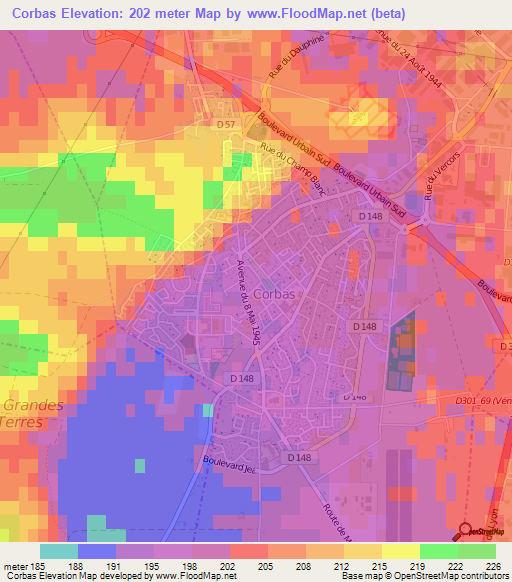 Corbas,France Elevation Map