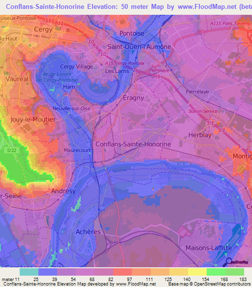 Conflans-Sainte-Honorine,France Elevation Map